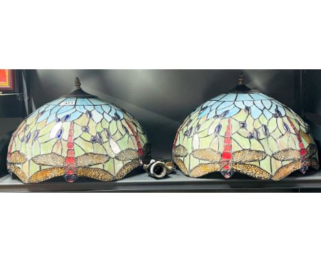 A pair of impressive Tiffany style stained glass lamp shades, Dia. 40cm.