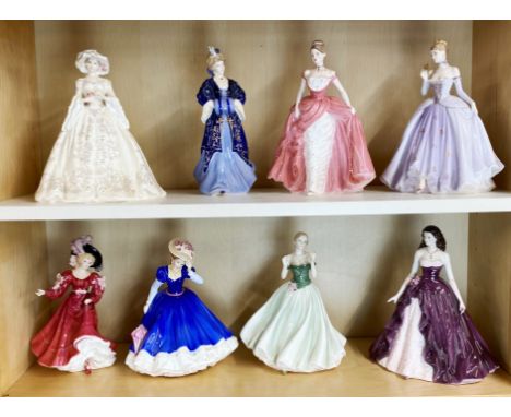 A group of eight Coalport and Royal Worcester and Royal Doulton figures of elegant lady's, H, 23cm.