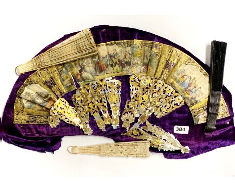 A 19th century carved mother of pearl fan (damaged as seen) together with three further antique fans.