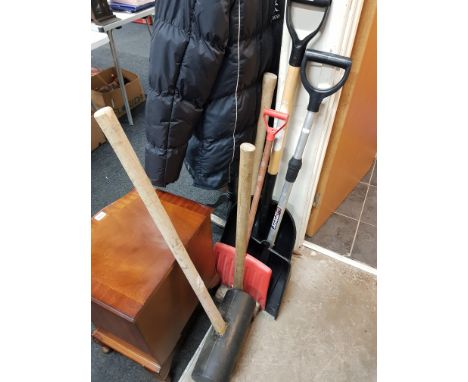 SNOW SHOVELS, PICK AXE, LARGE MALLET ETC