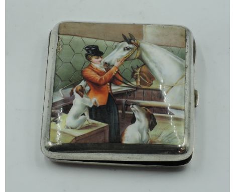 An Edwardian silver cigarette case with enamelled Hunts lady stable scene to front, Birmingham 1904, Sydney &amp; Co, approx 