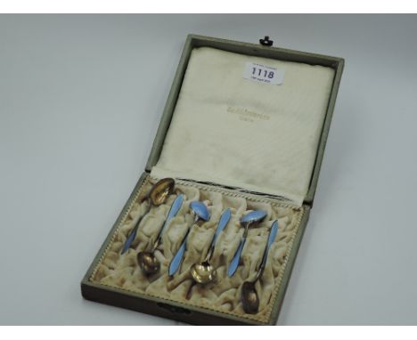 A cased set of six Norwegian silver coffee spoons having pale blue enamel decoration to front and back, approx 55.2g
