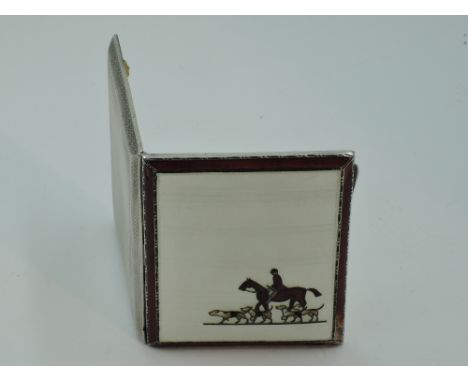 A silver cigarette case having enamelled hunting scene to white background to front and engine turned decoration to back, Bir