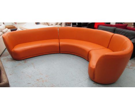 BANQUETTE SOFA, curved, brown leather, in sections, approximately 85cm H x 85cm x 385cm. 