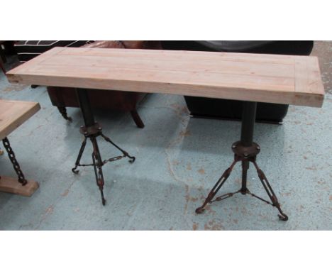 INDUSTRIAL CONSOLE TABLE, wooden plank top on metal tripod supports, 140cm x 40cm x 80cm H. 