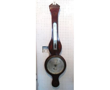 BAROMETER, 19th century mahogany with inlaid shell marquetry, thermometer and silvered dial inscribed Marinonel, Lynn, 100cm 
