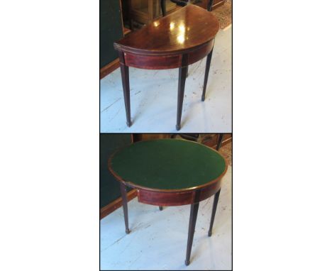 DEMI LUNE CARD TABLE, George III mahogany with tulipwood crossbanded detail green baize and tapering square supports, 84cm W 