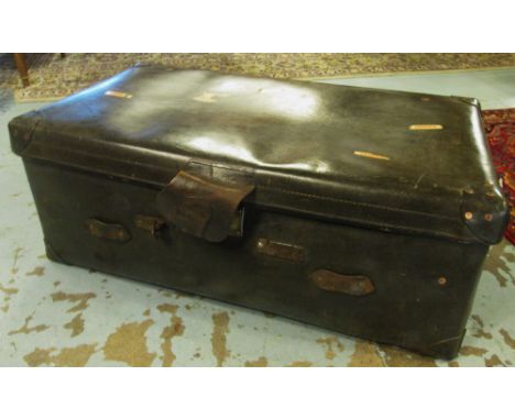 TRUNK, by A.W. Dear of Knightsbridge, circa 1920's, in black leather, 92cm L x 50cm W x 36cm D. (with faults)