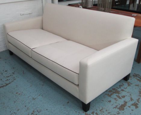 SOFA, cream with piped seat cushions, 94cm D x 87cm H x 198cm W. 