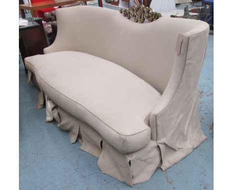 SOFA, three seater, by Marge Carson, in neutral fabric with curved back and silvered scrollwork to top, 238cm L. (with faults