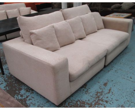 SOFA, two seater, sectional beige on block and turned supports, 220cm L. 