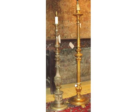 STANDARD LAMP, 20th century giltwood, 146cm H, plus another copper and plated metal in similar taste, 127cm H. (2)