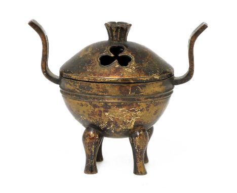 A Japanese gilt-lacquered bronze incense burner, Meiji period (1868-1912), of oval form, the rounded sides rising from four c