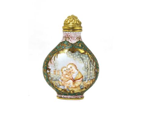 A Chinese enamelled snuff bottle, of compressed form, decorated with European figures enclosed by scroll borders, four-charac