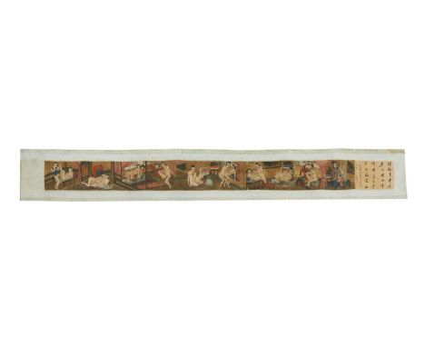 A Chinese erotic hand scroll, Republic period (1912-1949), of couples engaged in amorous pursuits, ink and colour on silk,12.