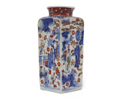 A Chinese clobbered blue and white vase,Kangxi (1662-1722), of square form with a flared circular mouth, painted with figures