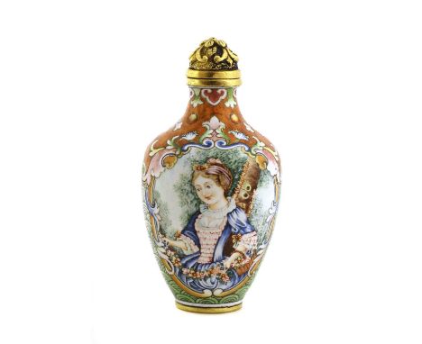 A Chinese enamelled snuff bottle, of baluster form, decorated with European figures enclosed by scroll borders, four-characte