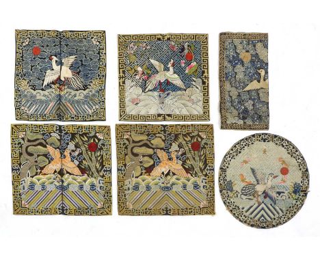 A collection of Chinese rank badges, early 20th century, one, of the fifth civil rank, with the silver pheasant standing on a