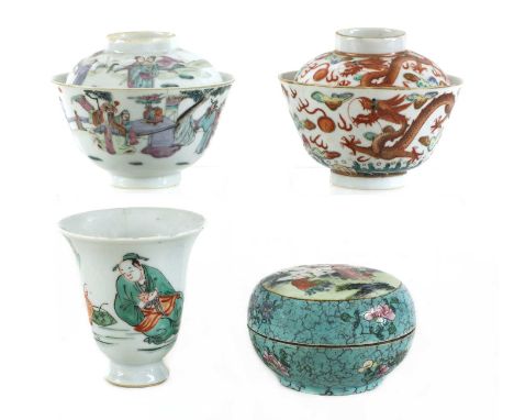 A collection of Chinese porcelain, comprising: a famille verte cup, Kangxi (1662-1722), of bell form, painted with Li Bai sea