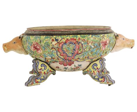 A Chinese export Canton enamelled tureen,18th century, of oval form, pierced and decorated with peony and bamboo in bright ye