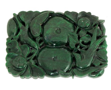 A Chinese nephrite jade plaque,Qing dynasty (1644-1911), of rectangular form, pierced and carved with magpies among fruits an