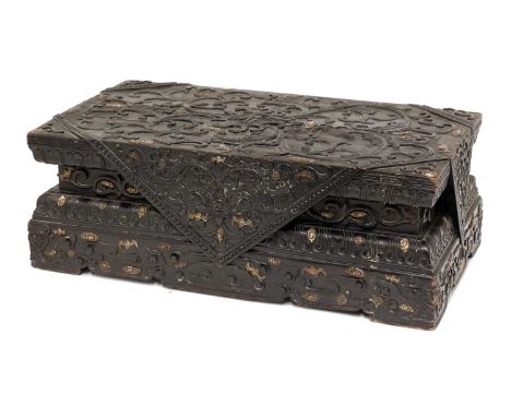A Chinese wood stand,Qing dynasty (1644-1911), the rectangular top carved as fabric with four corners falling off to the side