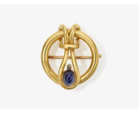 Brosche mit Saphir und DiamantSt. Petersburg, um 1900, FABERGÉ, Meister August Wilhelm HolmströmGelbgold 583/-, gestempelt. S
