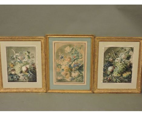 Three modern gilt picture frames, each containing a coloured print, 70cm high, 60cm wide