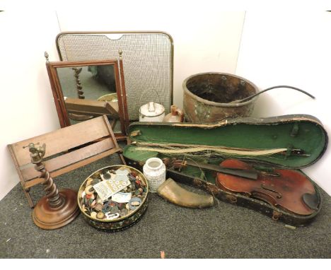An antique violin, a Victorian walnut spiral viewer stand, a brass and jardinière, firescreen, toilet mirror, enamel milk con