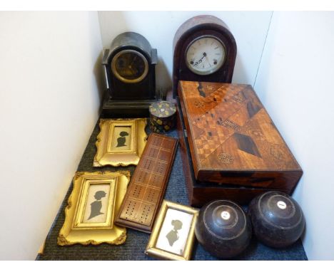 Two mantel clocks, one marble, Japanese parquetry box, cribbage board, two bowling woods, etc
