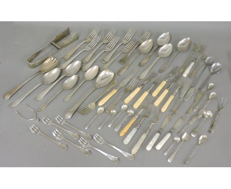 A pair of silver ’wishbone’ sugar nips, Barker Bros, Birmingham 1933, six Christofle cake forks, and a quantity of silver pla