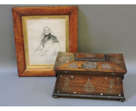 A rosewood and mother of pearl inlaid tea caddy, 35cm wide, and a 19th century framed print, 40 x 35cm
