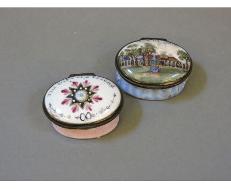 Two 18th century enamelled patch boxes, inscribed Dan de Lion and 'The Gift of a Friend', 4.5cm wide