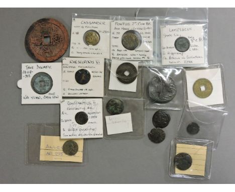 A quantity of Roman bronze coins, various dates, to include Macedonia, Sicily, Corfu, Phoenicia, etc, and four early Chinese 