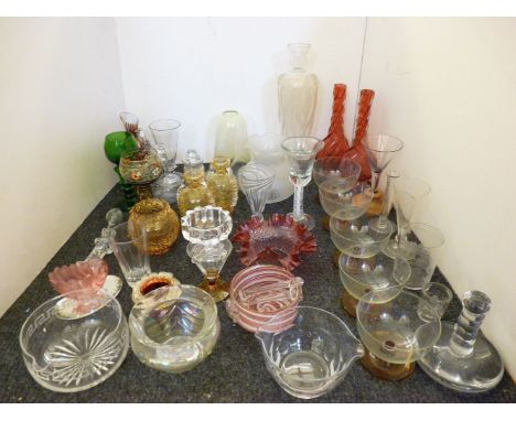 A collection of coloured and clear glassware, including a Georgian linen smoother, rinsers, Venetian style vases, light shade