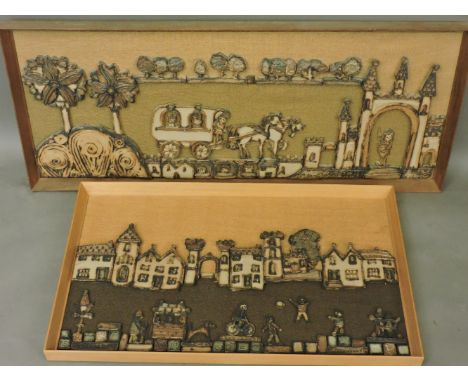 Vicky Watts, A COACH AND HORSES,CHILDREN PLAYING IN A PLAYGROUND, Two stoneware studies,  hessian background, framed, 83 x 50