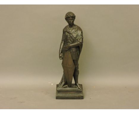 A large bronze figure of a soldier, possibly St George, on plinth base