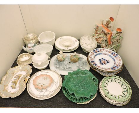 Assorted 18th and 19th century ceramics, including pottery jelly moulds, creamware, a meat drainer, a pair of pen stands, mod