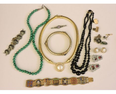 A row of uniform malachite beads, a black opal and marcasite bar brooch, possibly a doublet, a Monet necklace, and assorted c