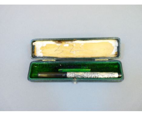 Mabie Todd & Co swan eyedropper pen, with sterling silver barrel overlay with foliate and cable twist design