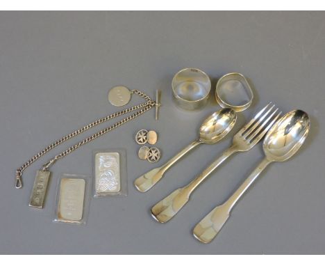 Two silver napkin rings, Maltese silver cufflinks, a watch fob, ingot on chain, two one ounce of silver chiasso