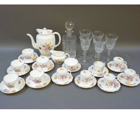 A Royal Crown Derby part tea and coffee set, in the Derby Posies pattern, five cut glass wine glasses, and a decanter