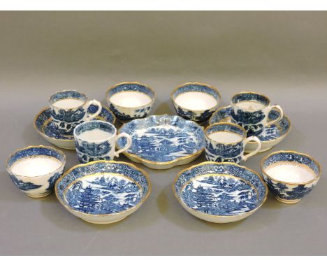 Various Caughley wares, in blue and white chinoiserie pattern, including coffee cups and saucers