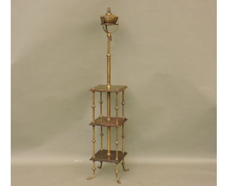 A Victorian telescopic brass oil lamp, converted for electricity, with three integral wooden shelves, 160cm high