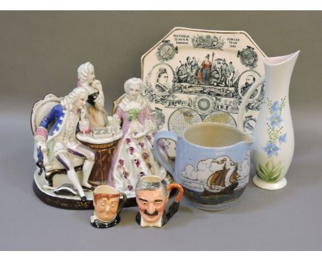 Various ceramics, 'chess players' group, Radford jug, Royal Doulton galleon jug, 1885 'British Empire' Jubilee plate