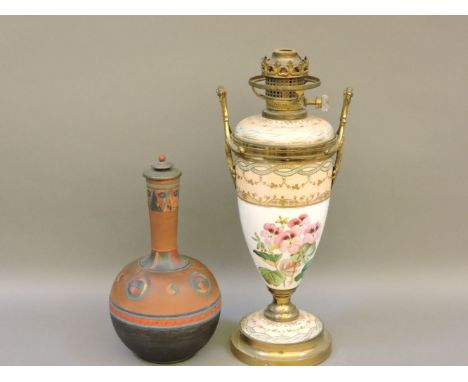 A Victorian china vase oil lamp, with brass fittings, and a Watcombe pottery vase