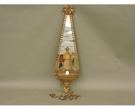 A gilt gesso frame wall hanging mirror, bow finial and hanging chain detail