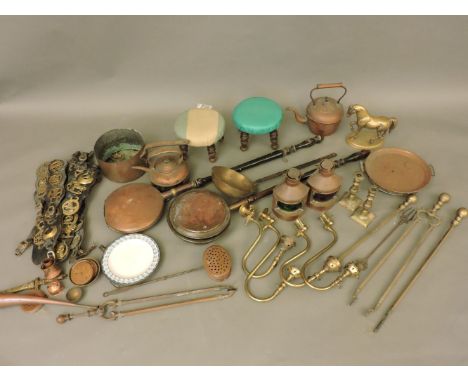 Two small copper ship's lamps, two warming pans, a copper saucepan, a kettle, a chestnut roaster, a brass ladle, a hunting ho
