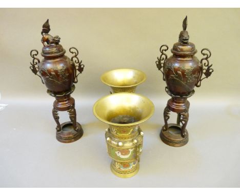 A pair of Chinese bronze and enamel Archaic style vases, and a pair of Japanese bronze vases and covers