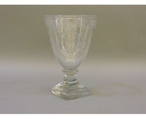 A 19th century Masonic glass rummer,  the bowl engraved 'Joh E Bagwell', a compass and square and further decoration, 17cm ta